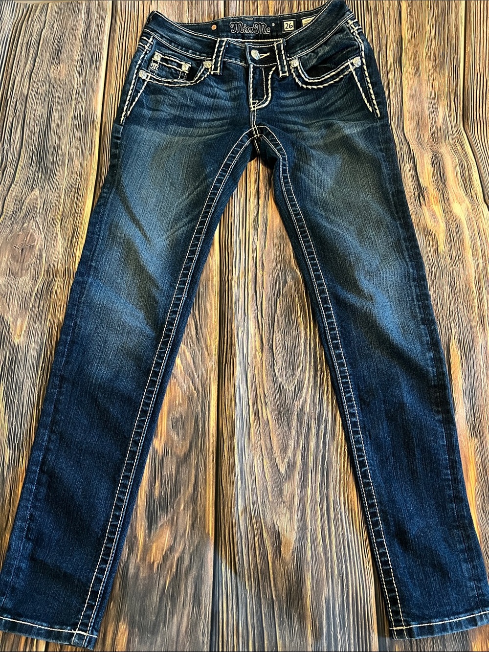 Miss Me Dark Indigo Skinny Jeans with White Stitching